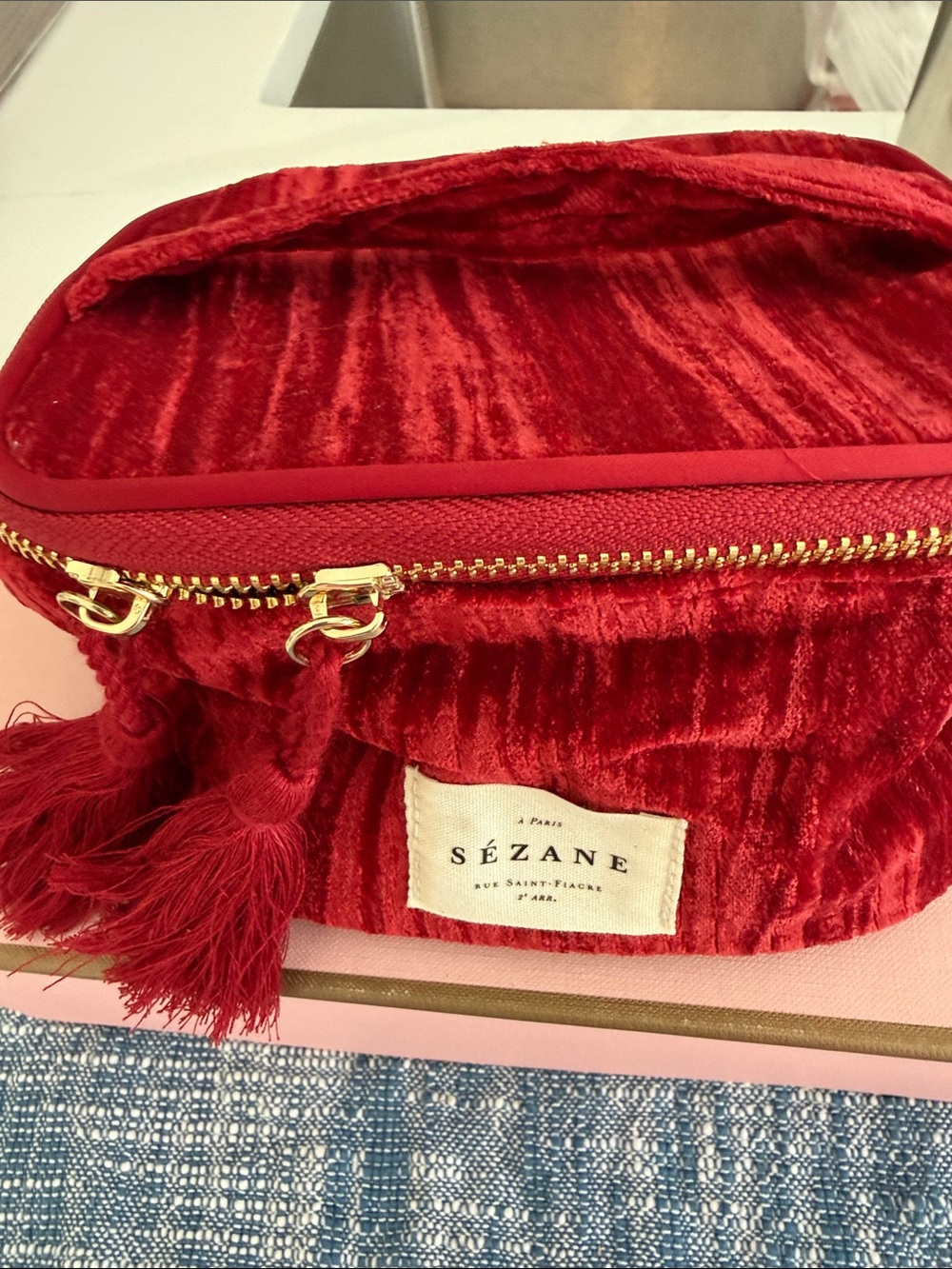Sézane Red Velvet Tassel Cosmetic Case with Gold Hardware